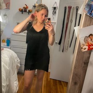 Trina Turk black fringe dress.